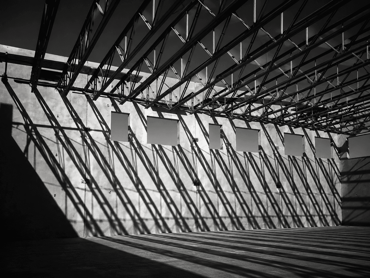 Large-span steel roof structure with repeating shadow geometry
