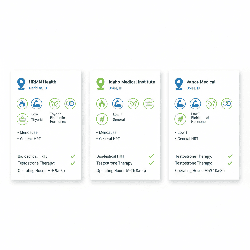 Infographic comparing hormone therapy clinics in Boise area with clinic cards showing locations, specialties, services, and hours
