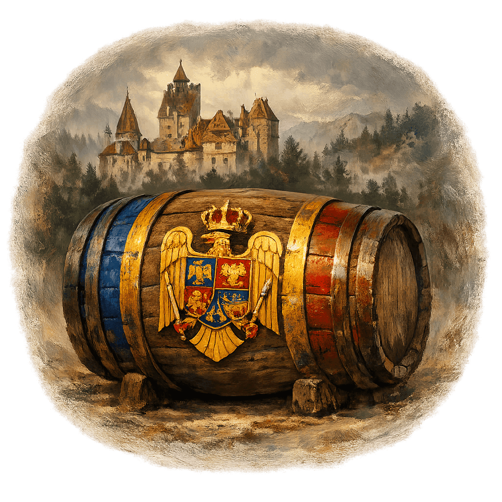 Wine barrel featuring the Romania national emblem for regional wine education.