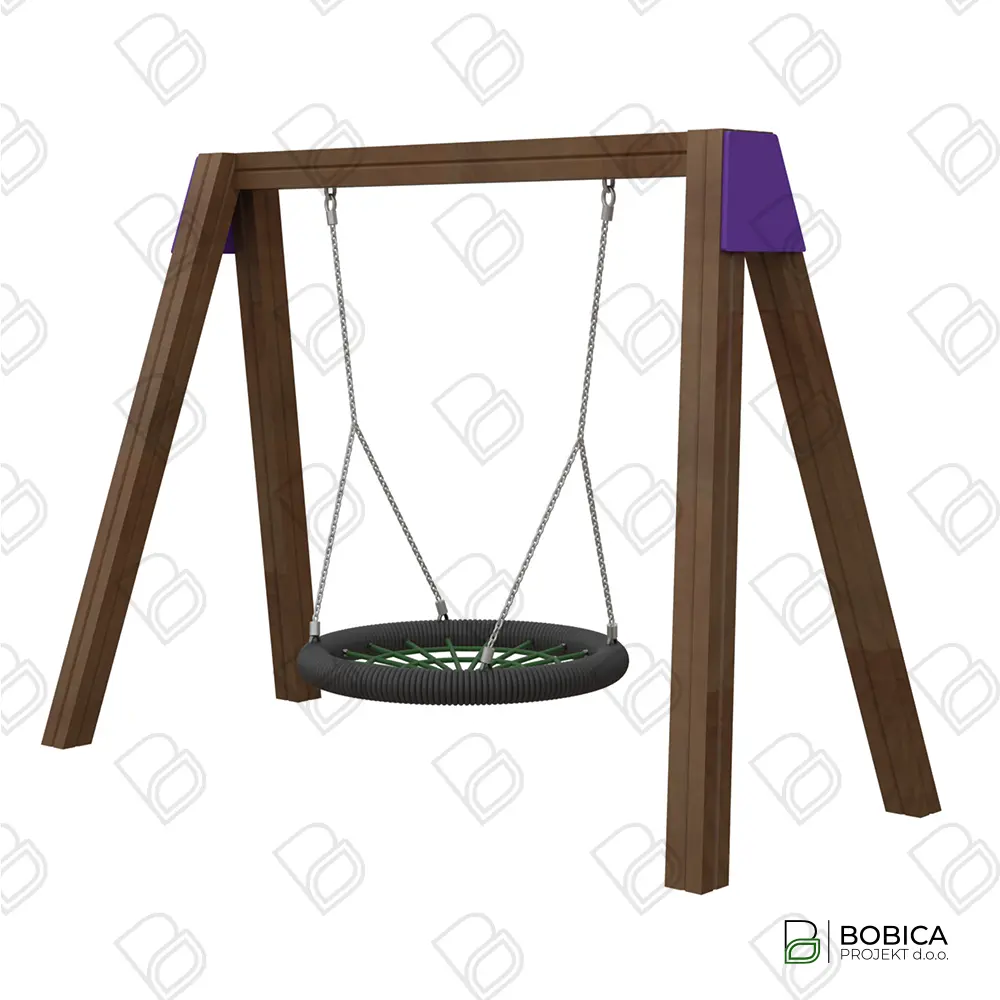 Dječja ljuljačka s pletenom sjedalicom u obliku gnijezda i stabilnom drvenom konstrukcijom - BOBICA PROJEKT