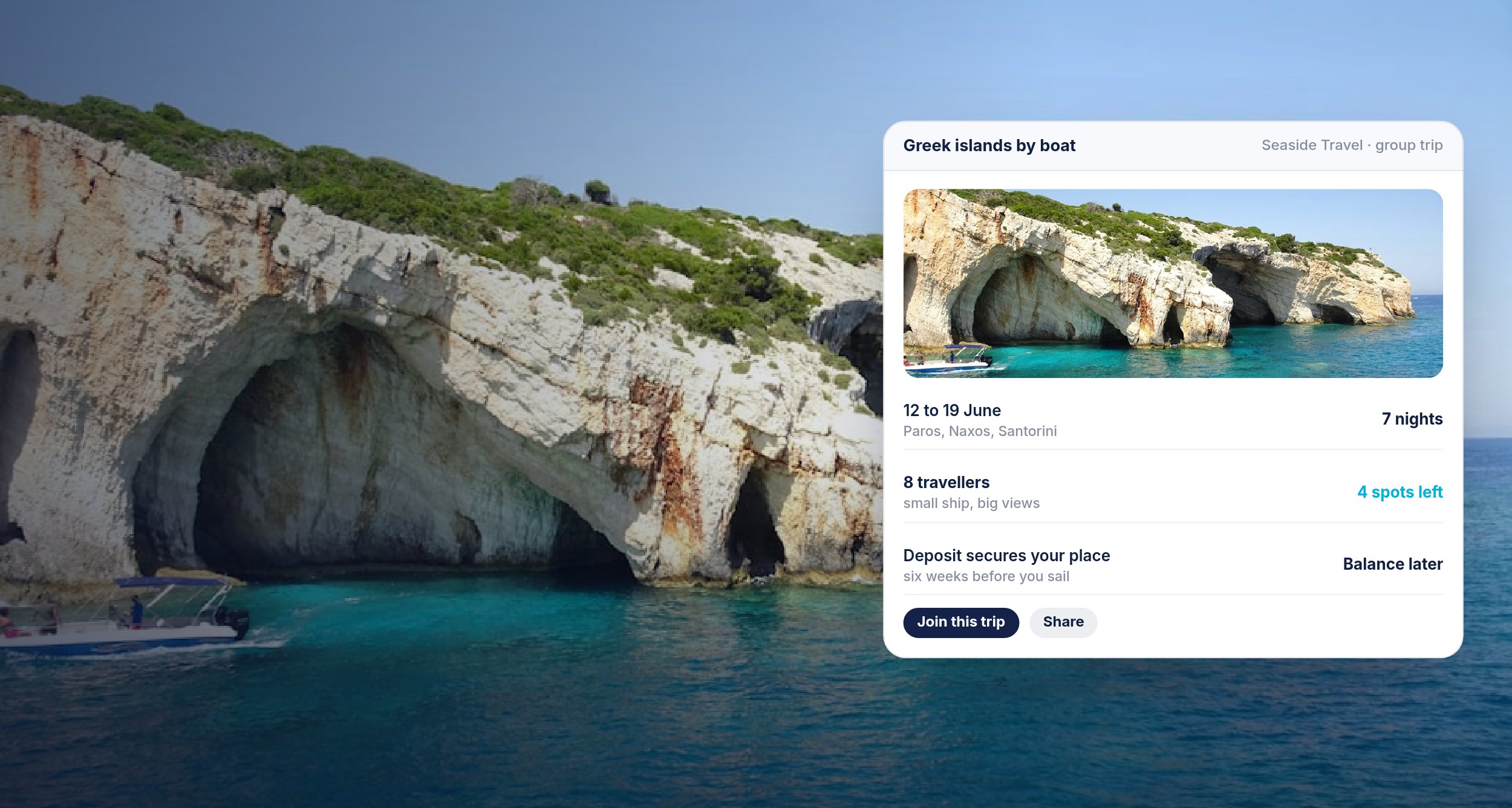 A group trip page over Greek sea caves