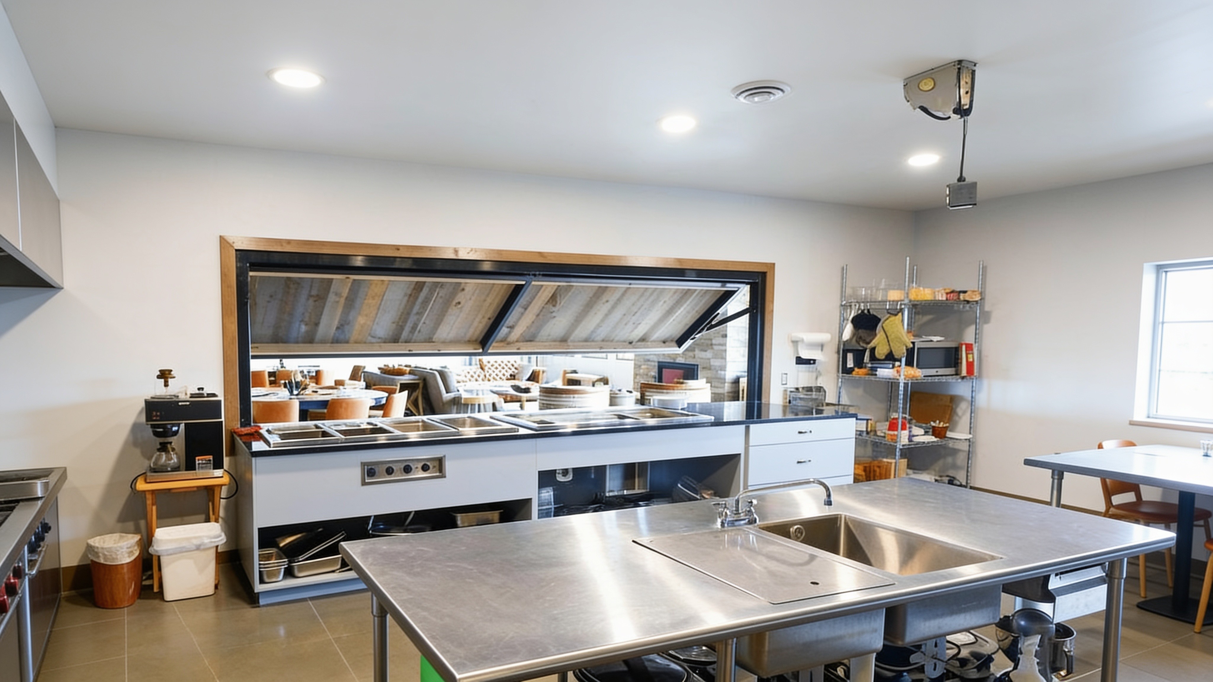 Commercial kitchen with an open concealed-cylinder serving wall