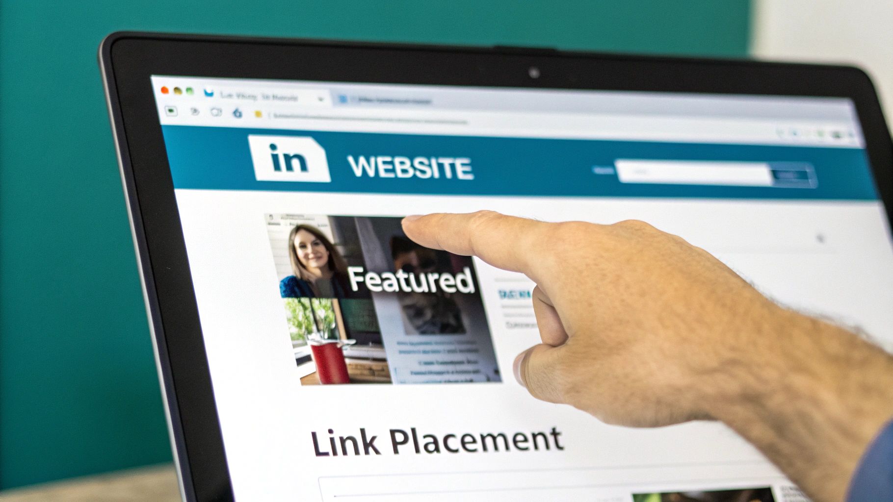 A hand points at a laptop screen showing a LinkedIn page with a 'Featured' section and 'Link Placement'.