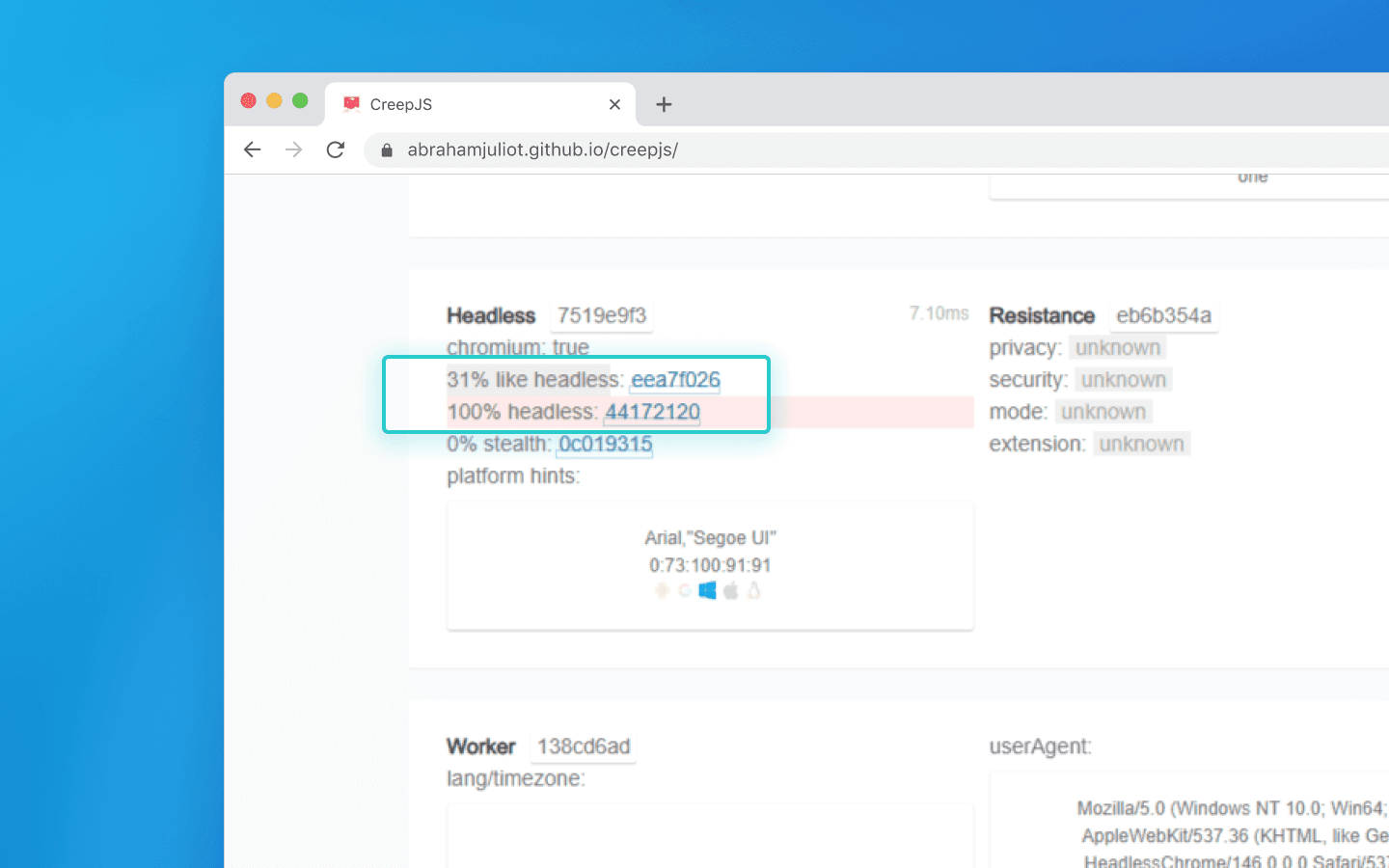 Advanced detection: CreepJS