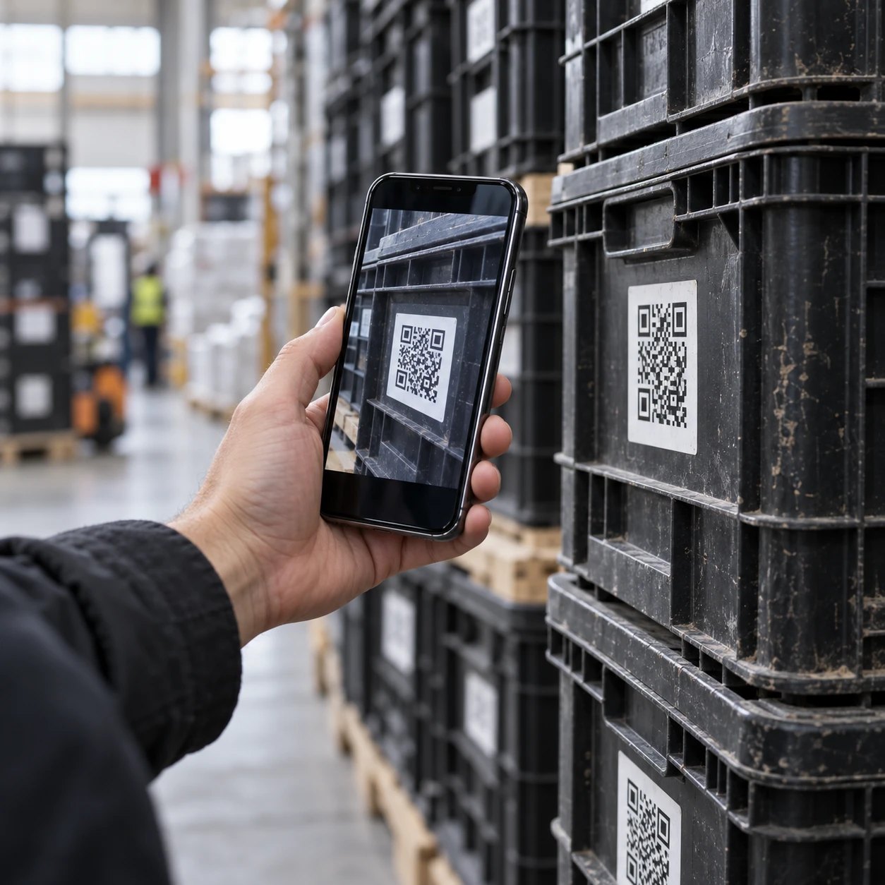 A phone scanning the QR labels on a stack of crates
