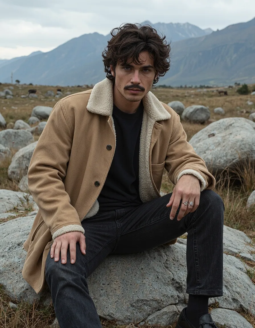 Man in tan shearling jacket sitting on rock in mountain landscape, professional fashion portrait photography
