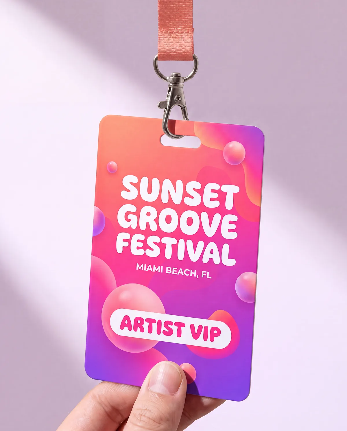 Full-colour printed festival badge with polyester lanyard