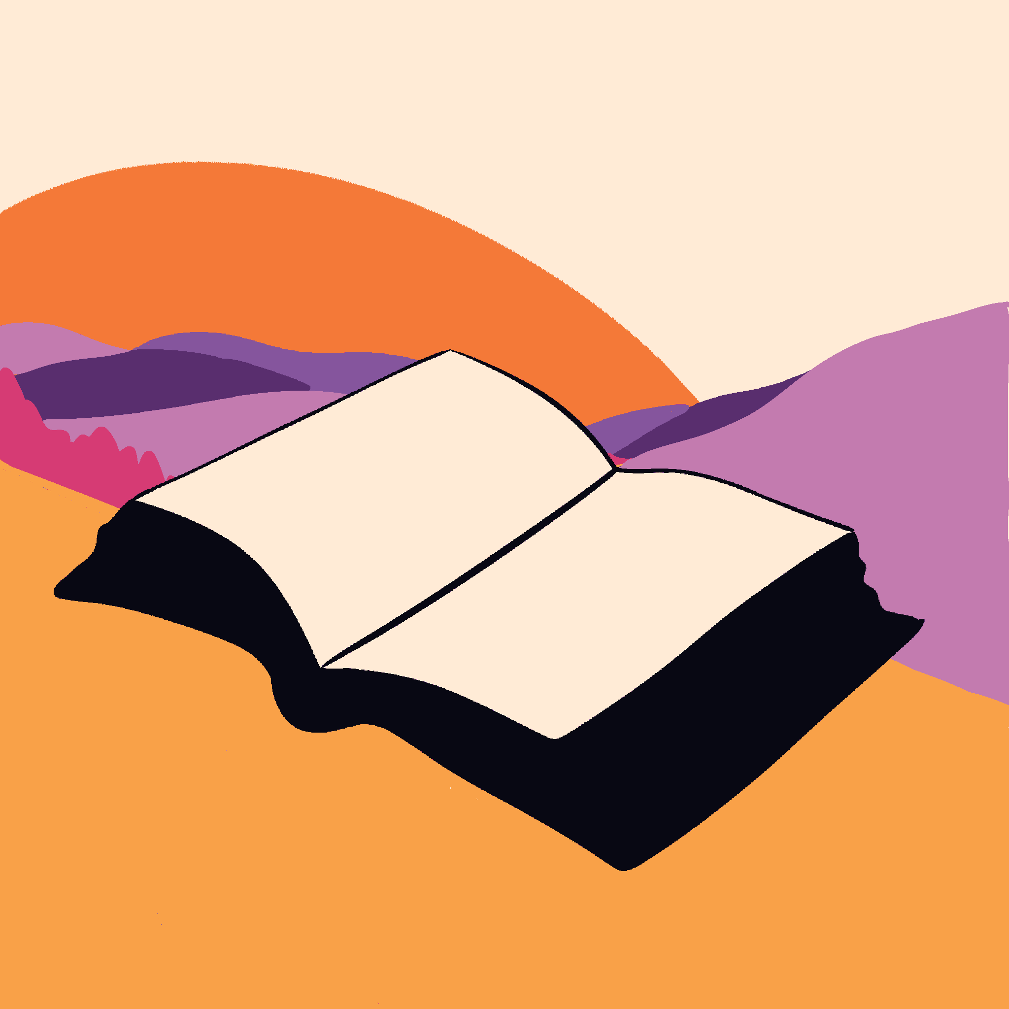 Illustration of a book sitting on a yellow field with purple mountains in the background.