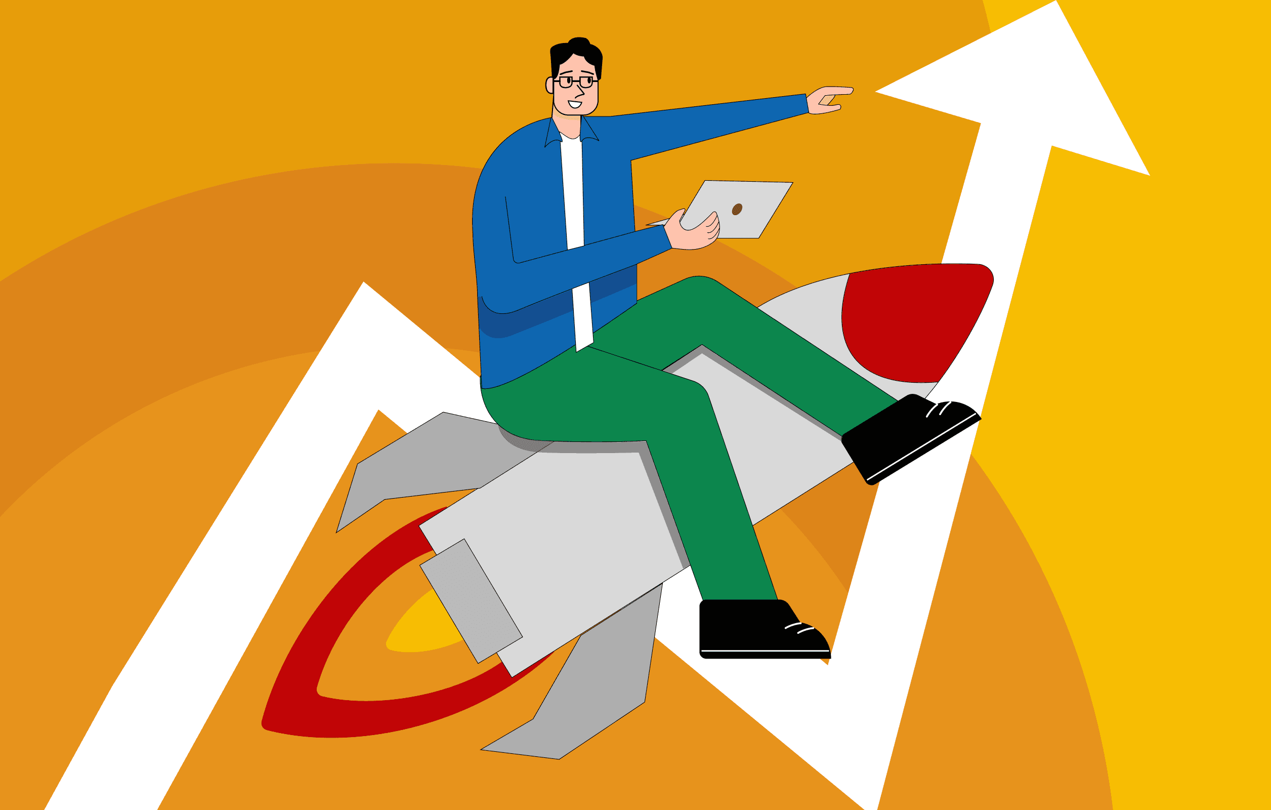 Illustration of a startup founder riding a rocket upward, symbolizing early-stage B2B growth and acceleration.