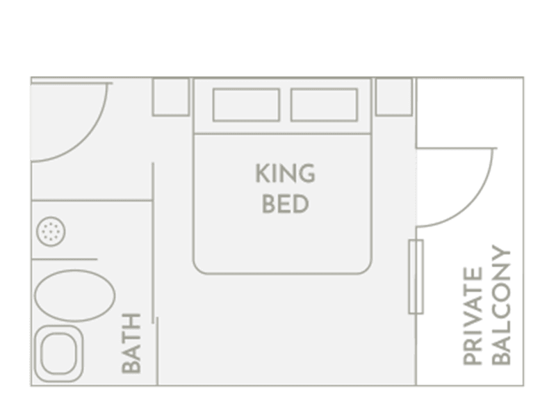 Floor plan for Room 6 at Club Vieques, featuring a king bed, bathroom, and private balcony.