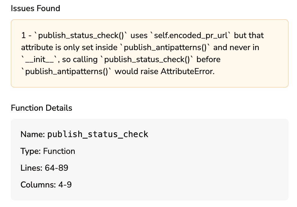 Detailed AI issue view showing a highlighted problem explanation with function metadata including name, type, and line range.