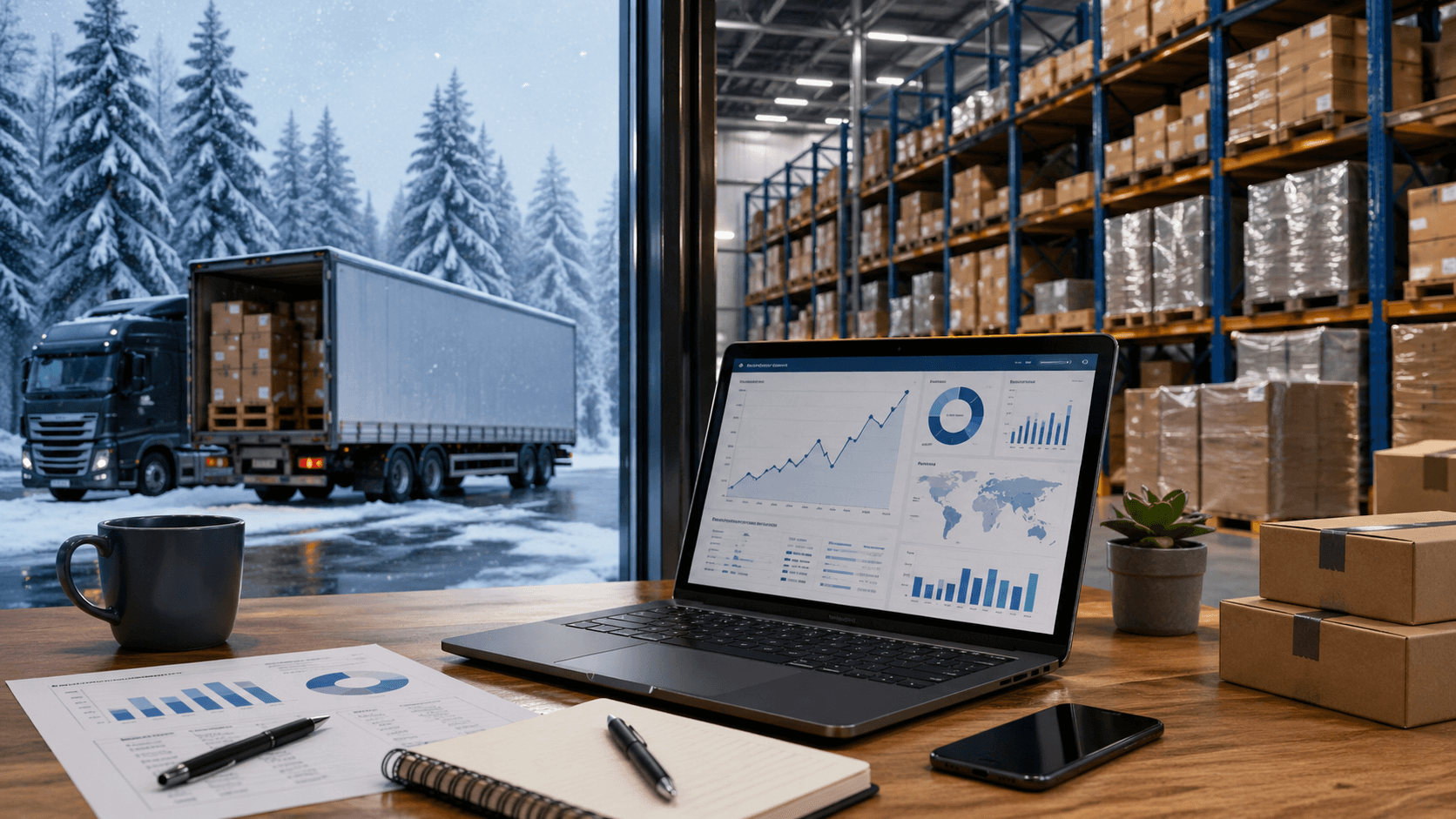 Cena em formato panorâmico mostrando, de um lado, um armazém amplo com prateleiras altas cheias de caixas organizadas e iluminação fria; do outro, um ambiente voltado para análise digital com um notebook exibindo gráficos, ao fundo uma paisagem de inverno com neve. Na frente, há uma mesa com caderno, caneca, pequenos blocos representando crescimento e um carrinho de compras, sugerindo planejamento de estoque e vendas no ambiente B2B durante o inverno.