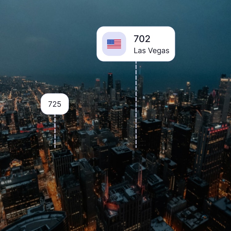 City skyline of Las Vegas showing the 702 area code and surrounding area codes