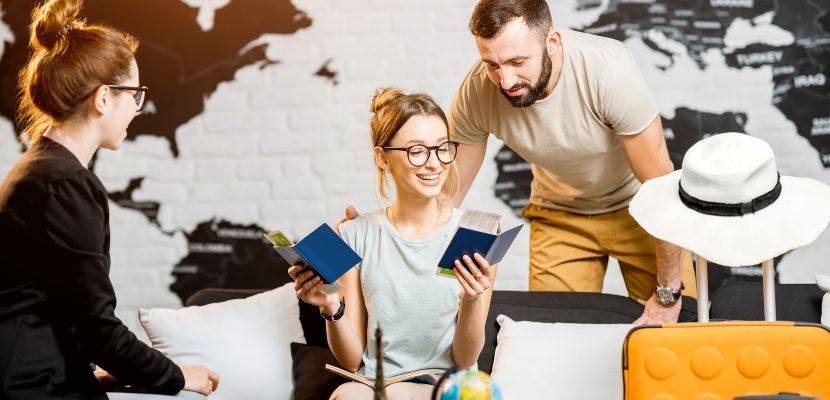 Couple looking over travel plans