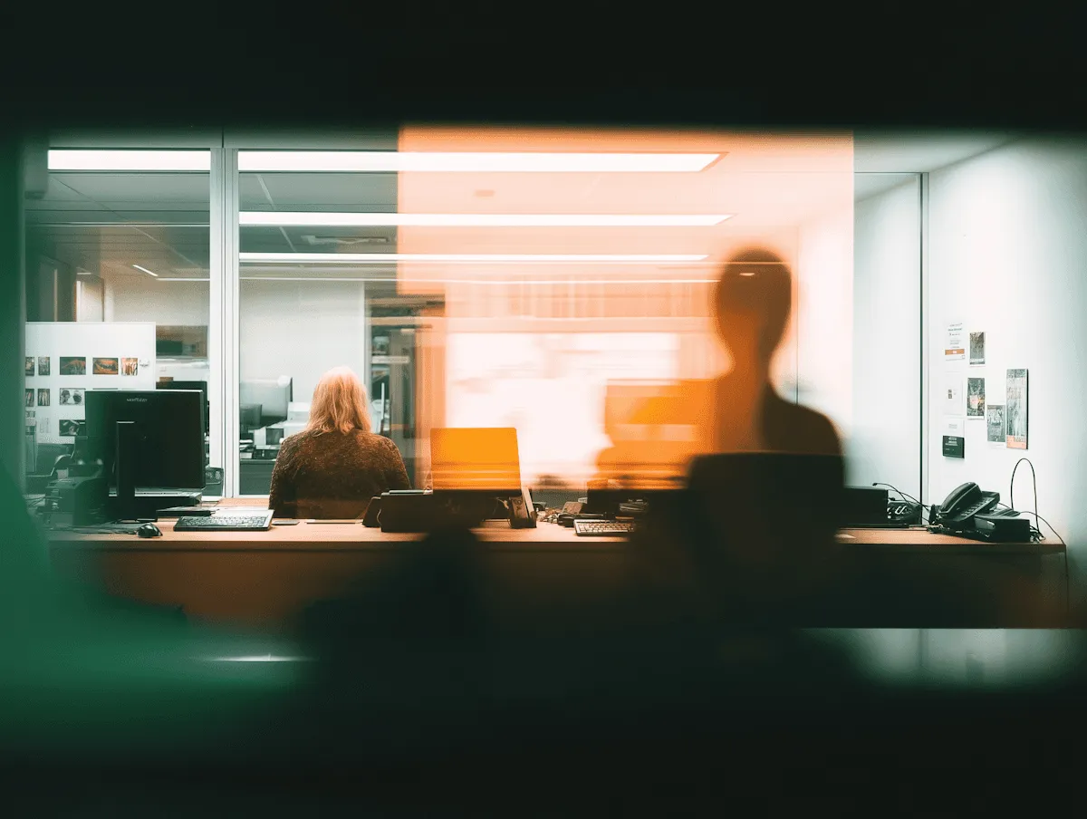 Silhouetted figures sit at a desk, with warm light and an office background creating a cozy atmosphere.