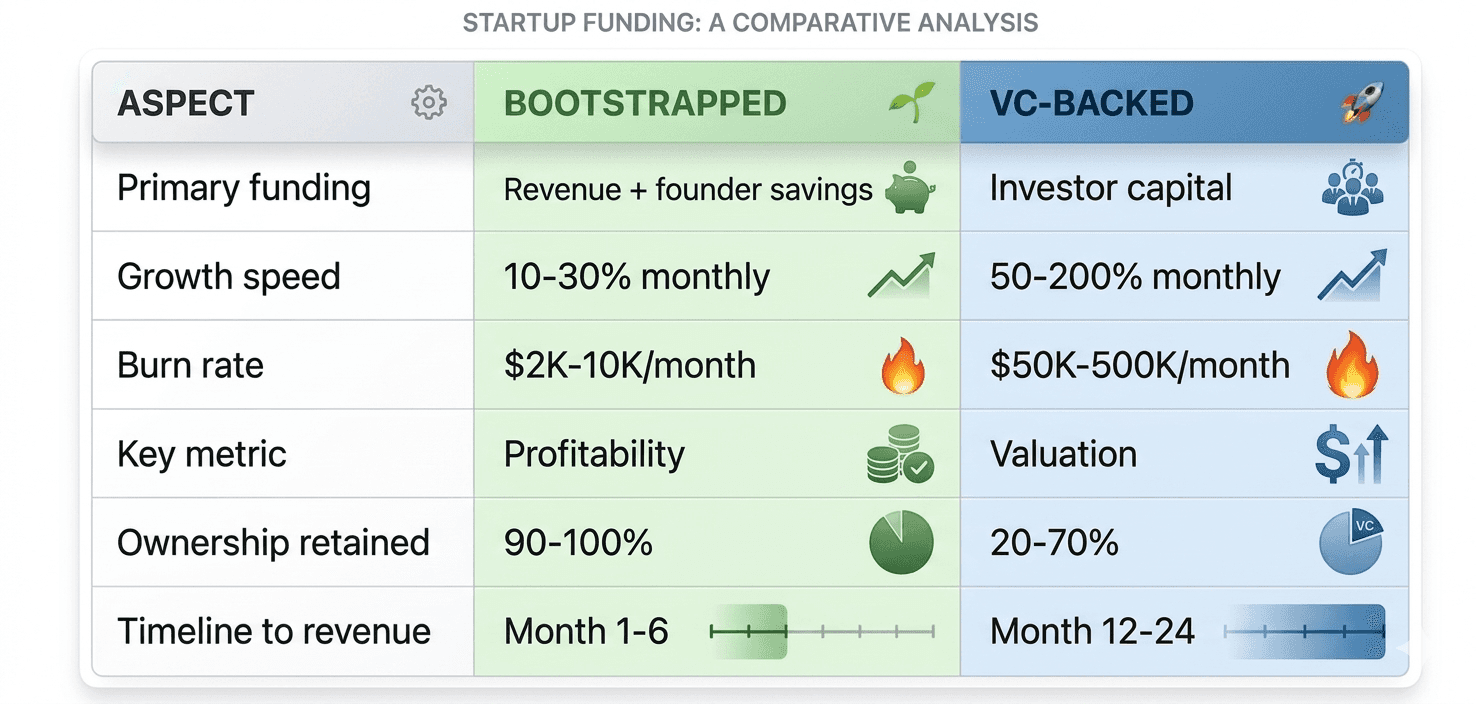 startup funding table showing comparing bootstrapped vs VC