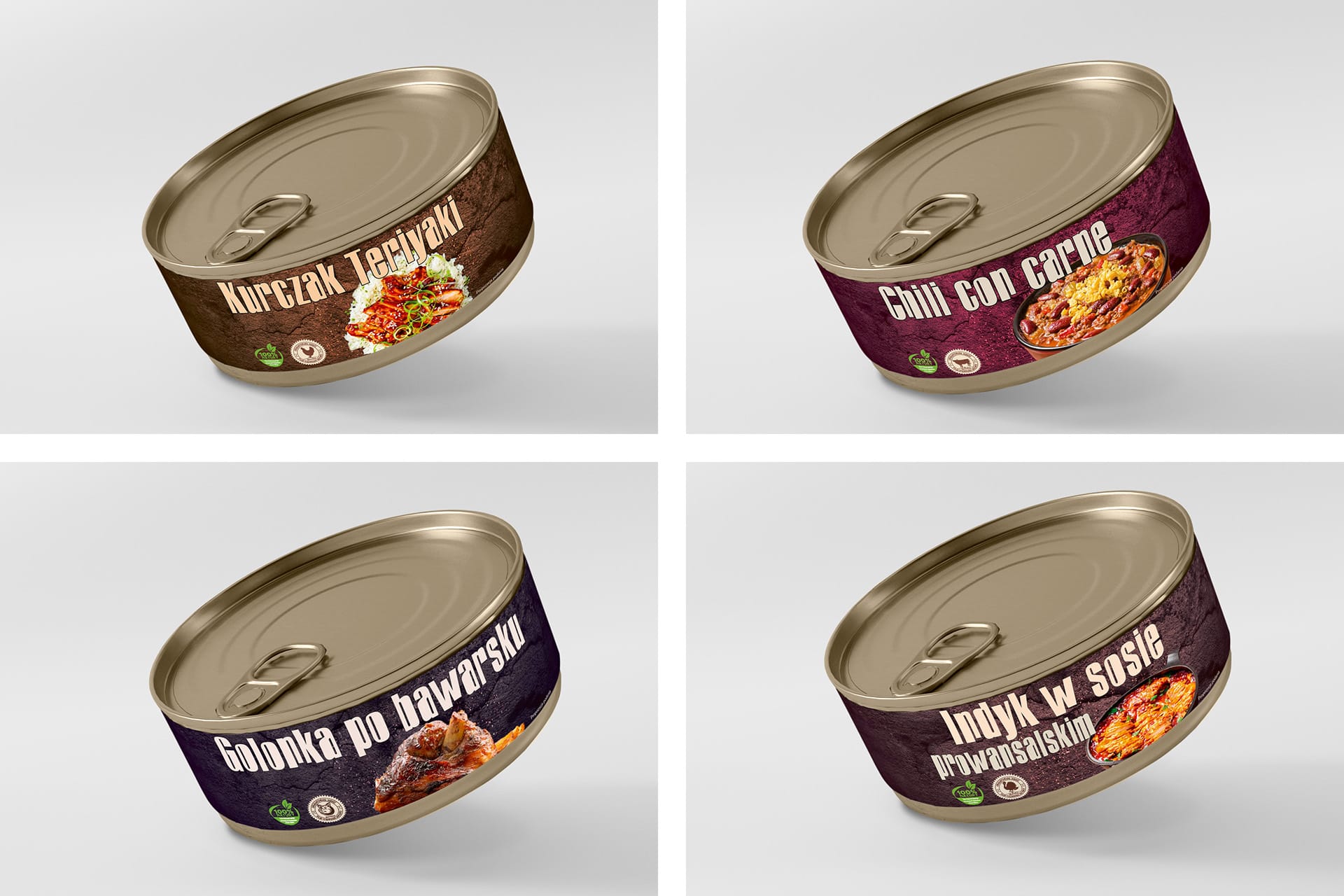The image features four cans of packaged food, each with colorful labels depicting different flavors: BBQ ribs, sauce with beans, curry with cauliflower, and a meaty sauce, under the brand "Pucha Drwala" with illustrations of a lumberjack theme.