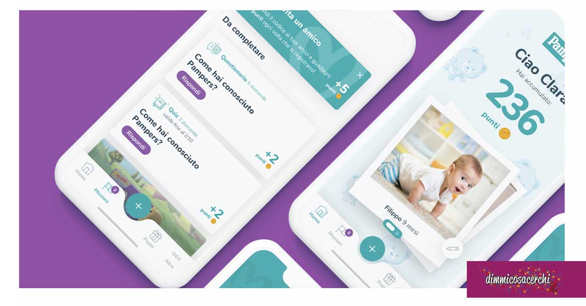 Pampers Coccole Raccolta Punti mobile app interface showing multiple screens including friend referral system, knowledge quiz mechanics with point rewards, personalized baby profile with accumulated 236 points, and content engagement features - comprehensive loyalty app UX and gamification design by Alessandro Brancati Marketing & Growth Studio