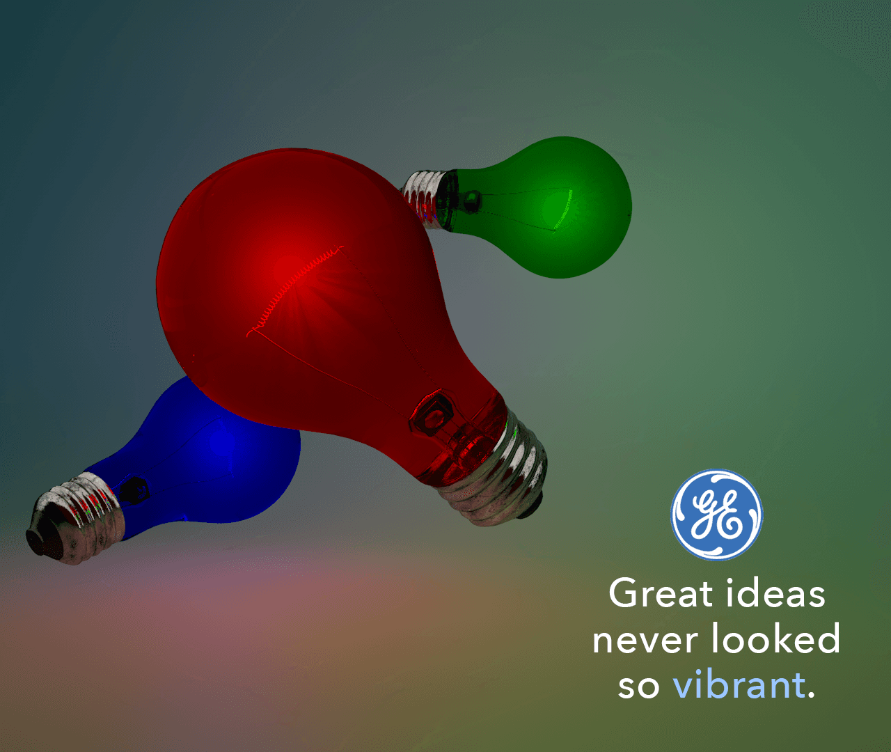 3D graphic of colorful lightbulbs for General Electric.