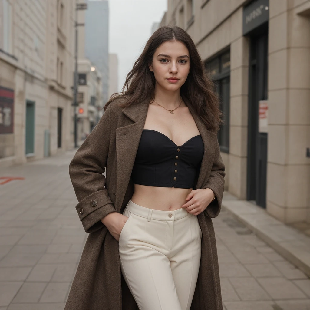 A woman wearing a black top, tan pants, and a coat drapes over her shoulders walks down the street. AI Fashion Model. Modiqlo