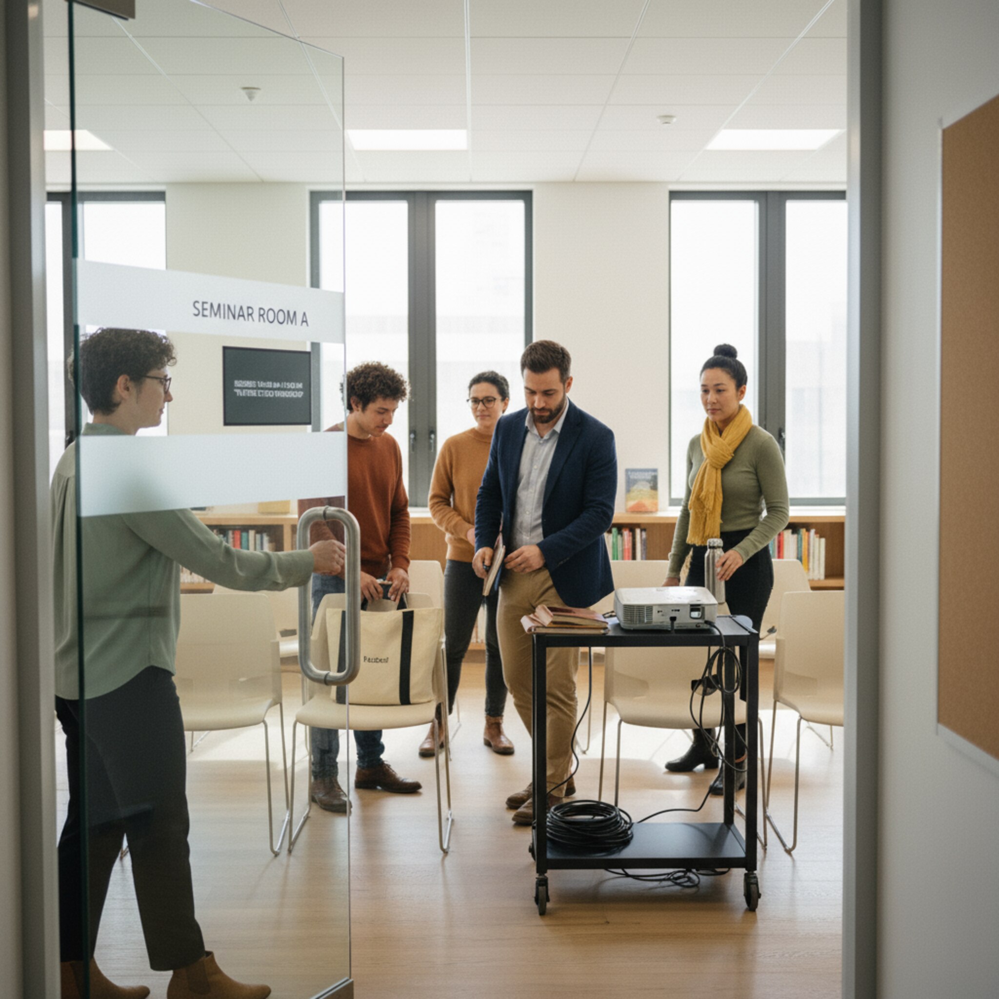 Eine Gruppe öffnet leise die Glastür zu einem Seminarraum, während ein kleines Türschild die aktuelle Belegung zeigt. Stühle stehen bereit, ein Wagen mit Technik wartet an der Wand. Die Szene wirkt geordnet und startklar. Alle kommen pünktlich an und finden sofort ihren Platz.