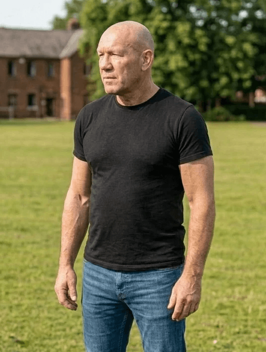 A man in a black t-shirt and blue jeans stands on a grassy field with trees and brick buildings in the background.