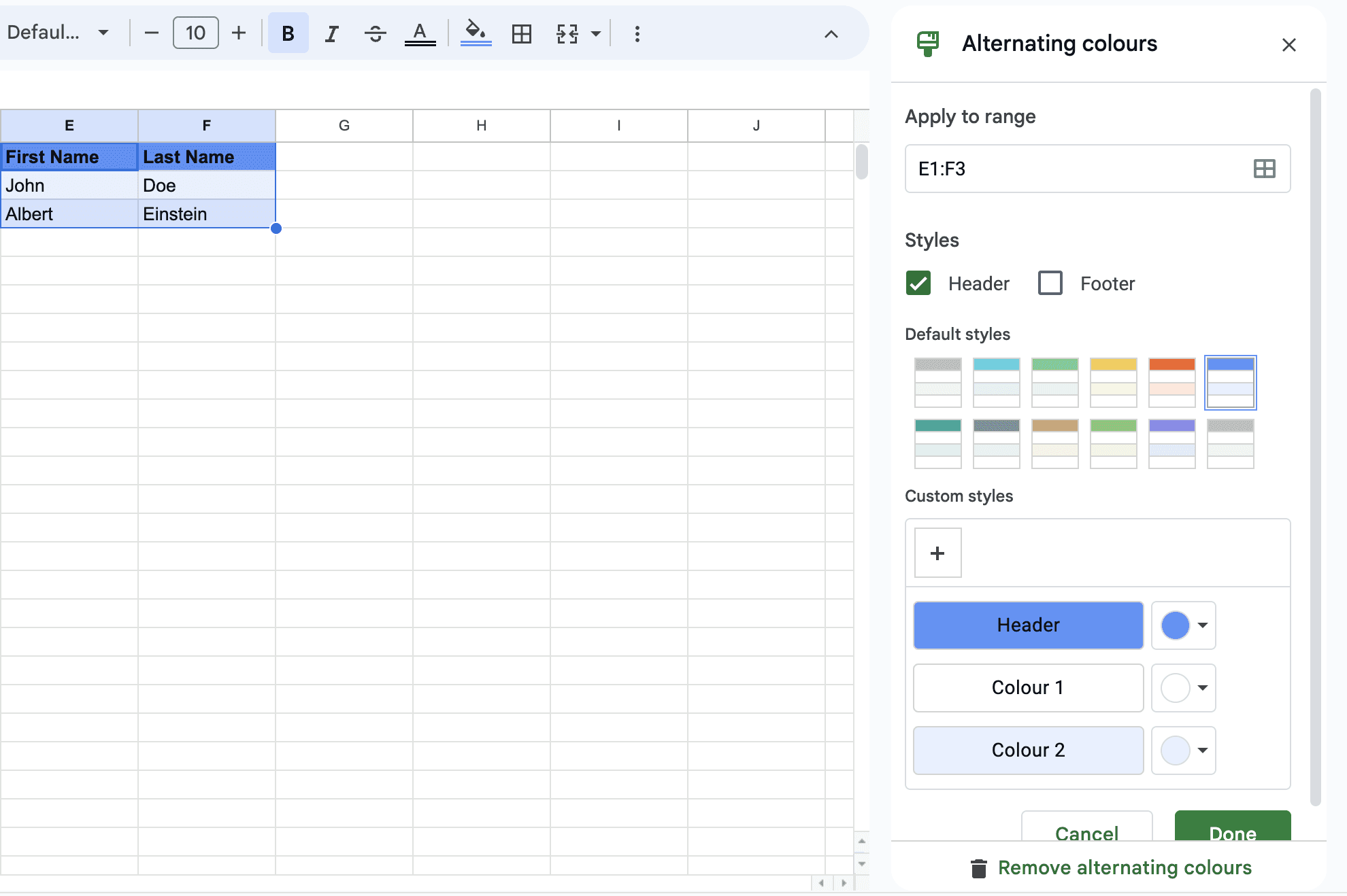 Customize your table in google sheets