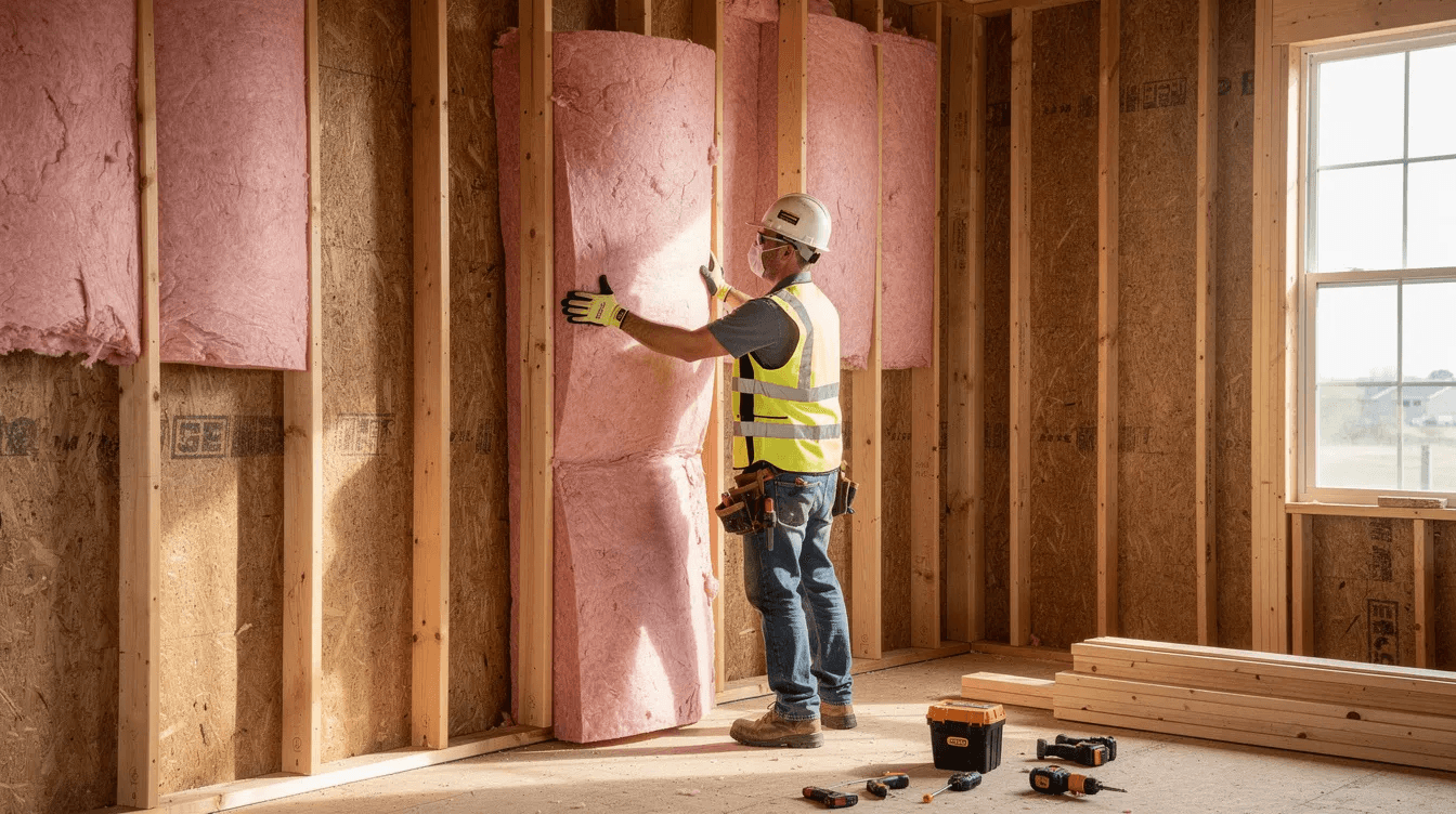 A construction worker is meticulously installing insulation batts between wall studs in a partially framed house, showcasing quality craftsmanship in the residential construction industry. This scene highlights the commitment of industry professionals to creating energy-efficient homes that comply with building codes.