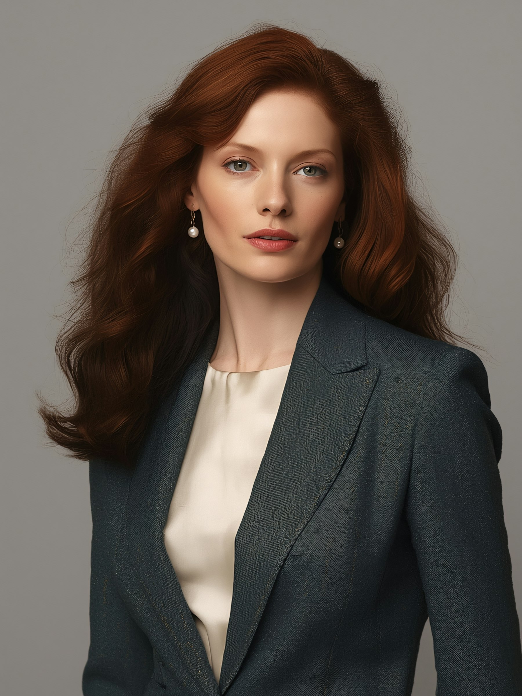 Professional portrait of a woman with auburn hair, wearing a teal blazer and pearl earrings, set against a neutral gray background.