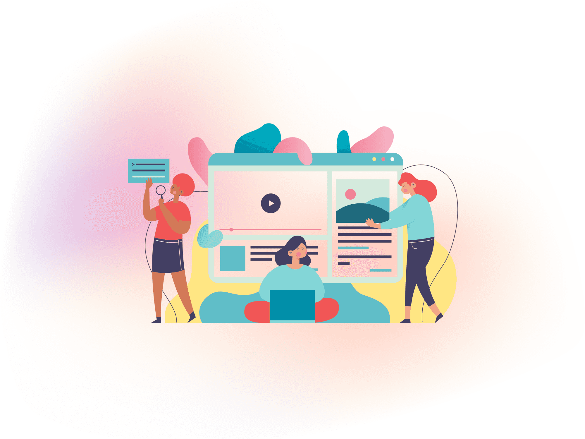 Illustration of three people organizing a webpage layout with a video player, text blocks, and images arranged in a clear visual hierarchy, representing logical content structure and information flow in web design.