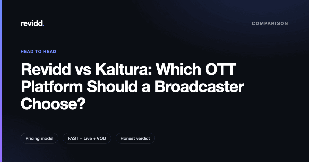 Revidd vs Kaltura comparison card for broadcasters choosing an OTT and FAST platform