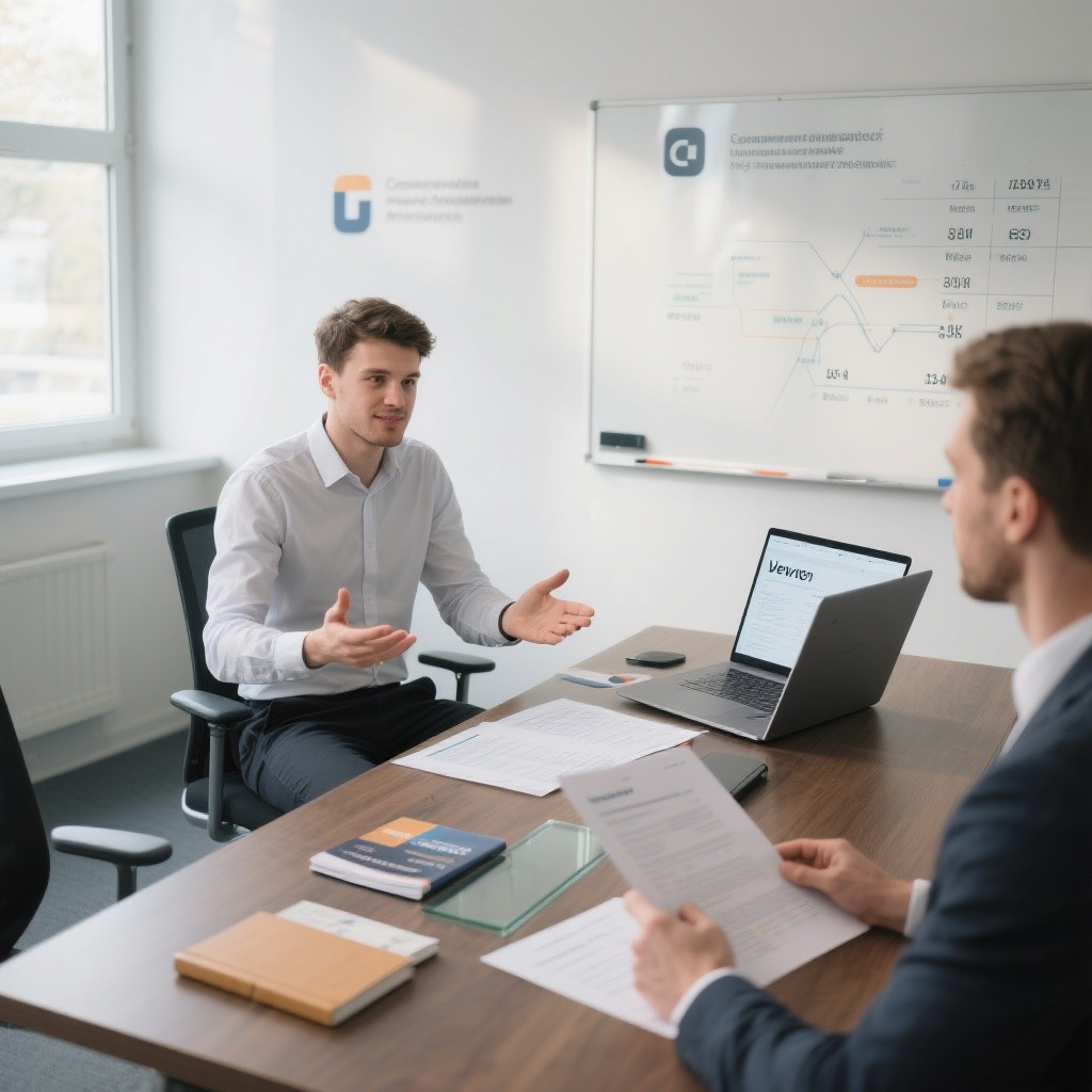 Jeune consultant en chemise claire discute d’un devis de formation avec un client au bureau moderne gestes ouverts et