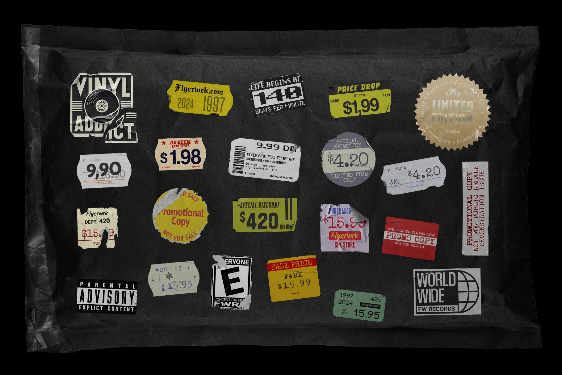 Black mailer bag featuring diverse peeled sticker mockups including warning labels and holographic designs