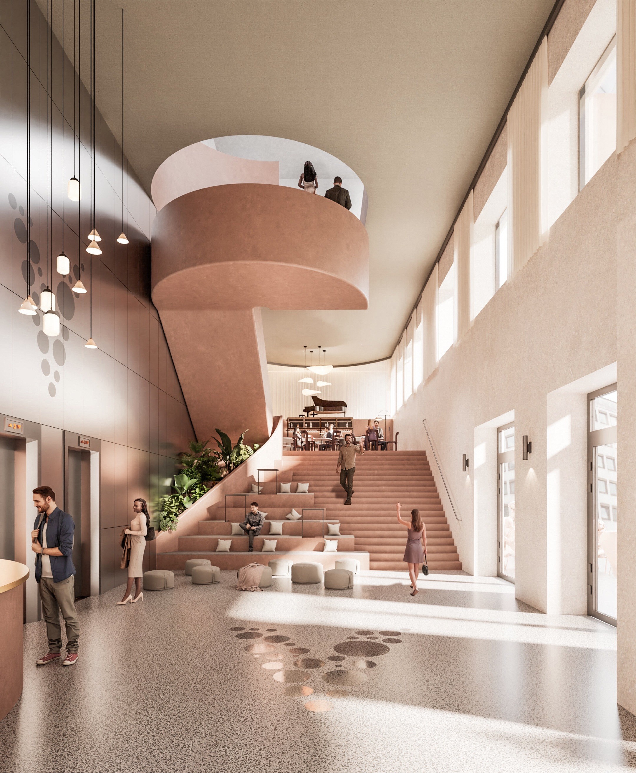 Child walking on a wooden beam with a large tree and swing nearby in a courtyard of modern wooden houses, while another person adjusts a bicycle.