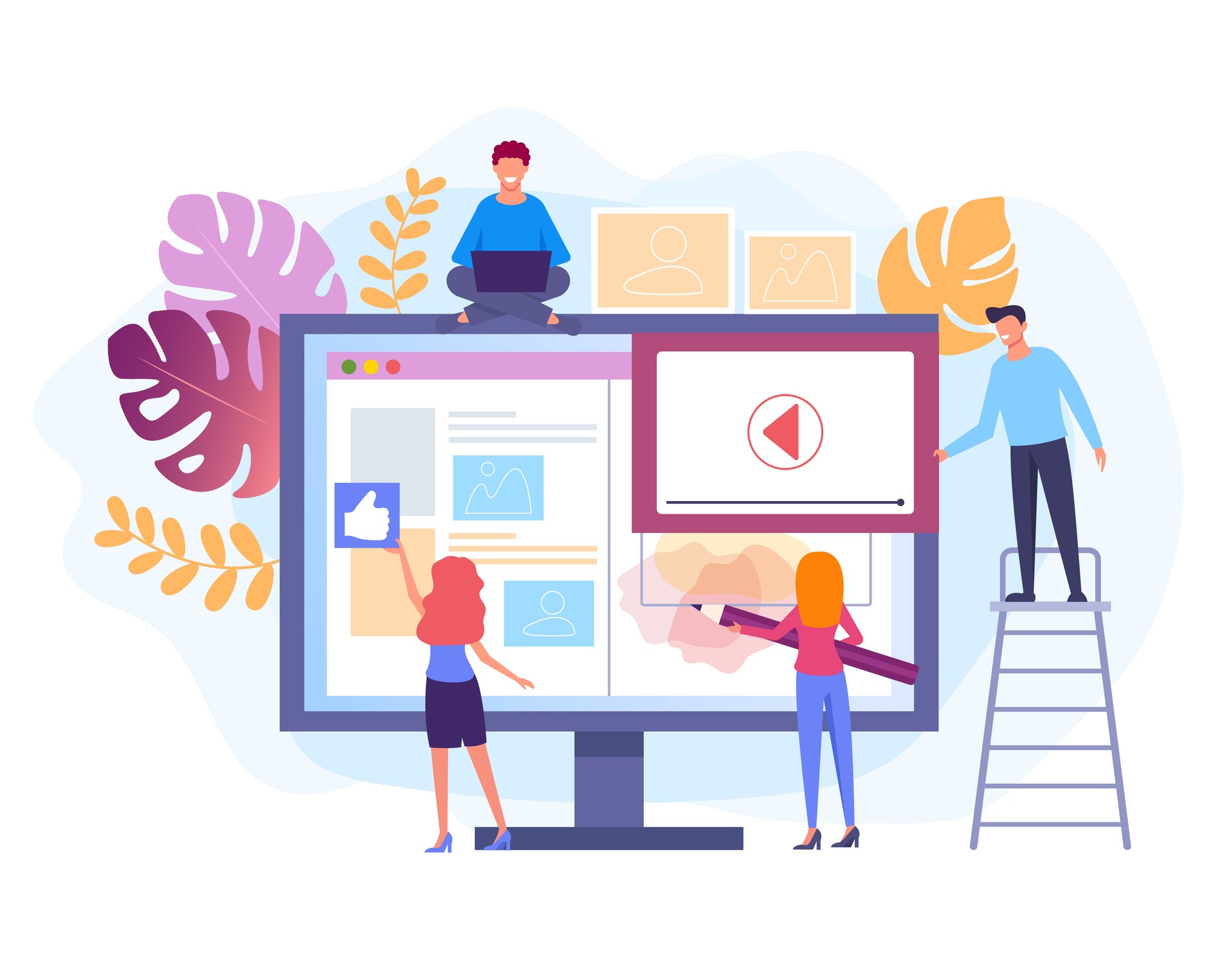 Illustrated team collaborating on a social media content dashboard with video, images, and a like button