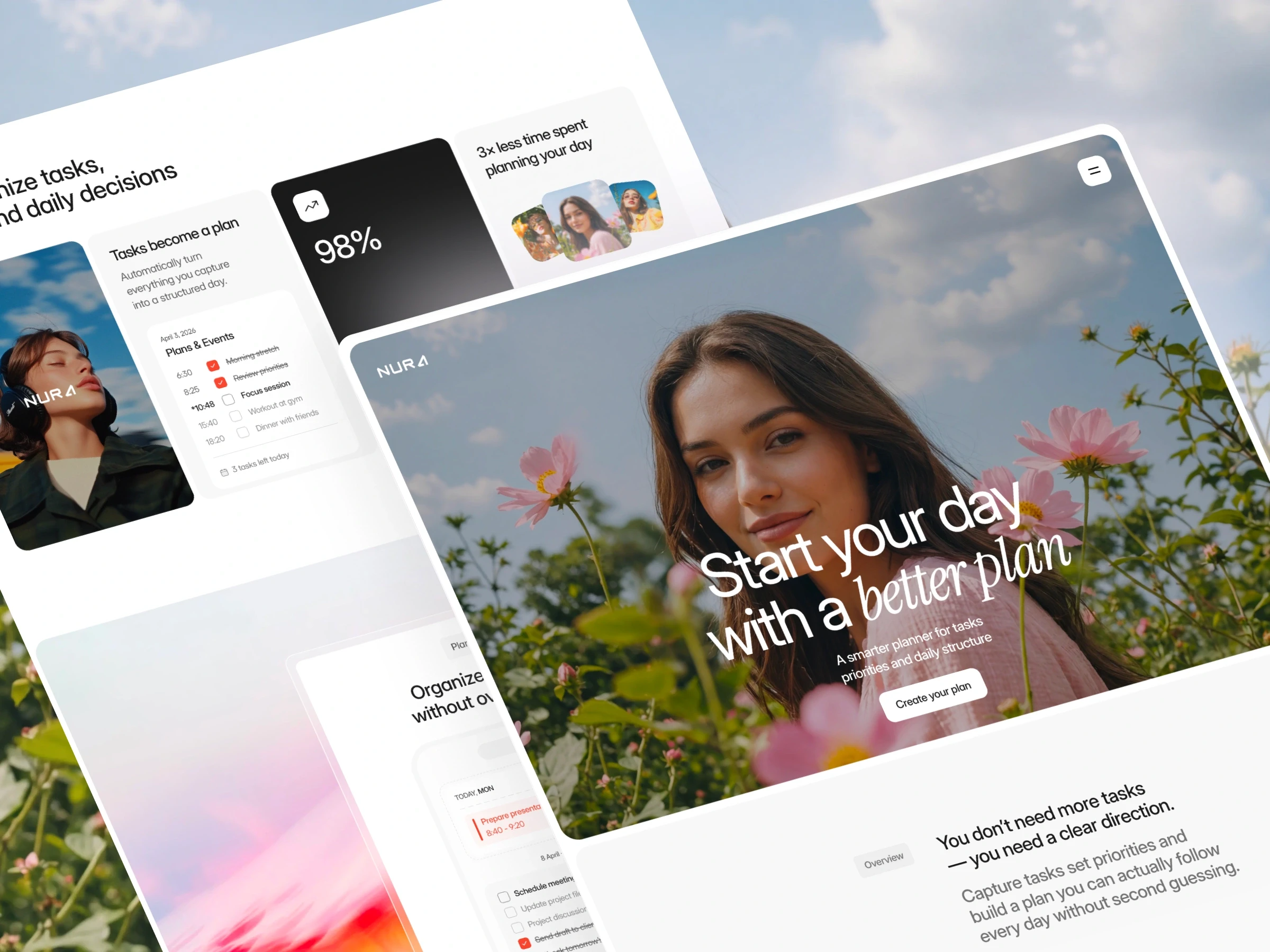 AI productivity app landing page with routine planning interface and clean UI design