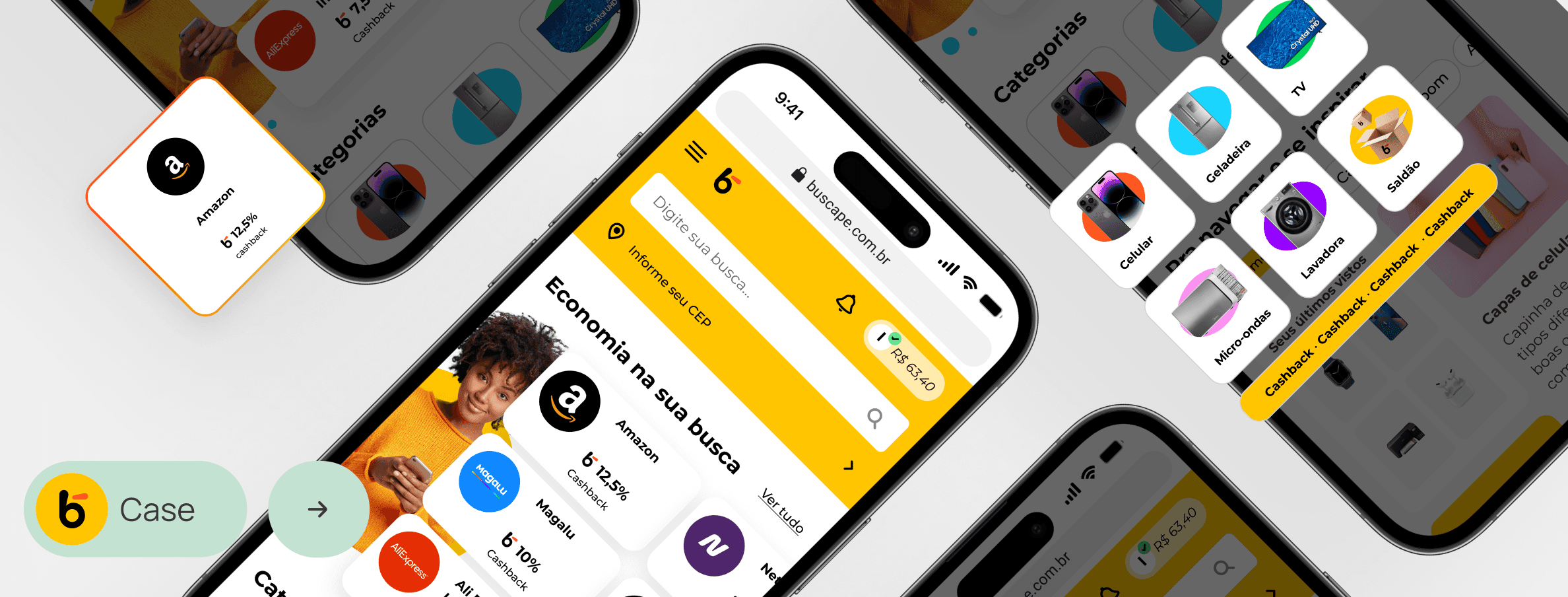 Tela inicial do aplicativo Buscapé, mostrando a interface em diversos smartphones. O usuário pode pesquisar por produtos, explorar categorias e visualizar cashbacks exclusivos. A imagem também destaca um card da interface com a loja Amazon e a seção de categorias que é colorida e tem a imagem de diferentes produtos, como tv, celular, etc