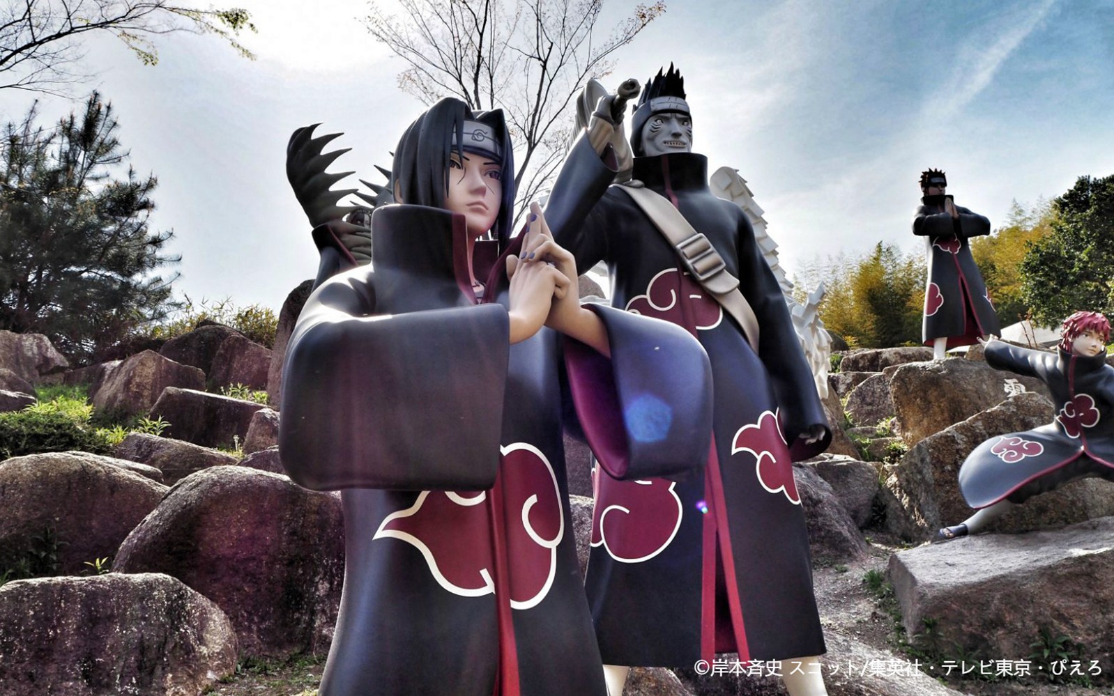 Nijigen No Mori Theme Park statues of Naruto characters in Shinobi-zato area.