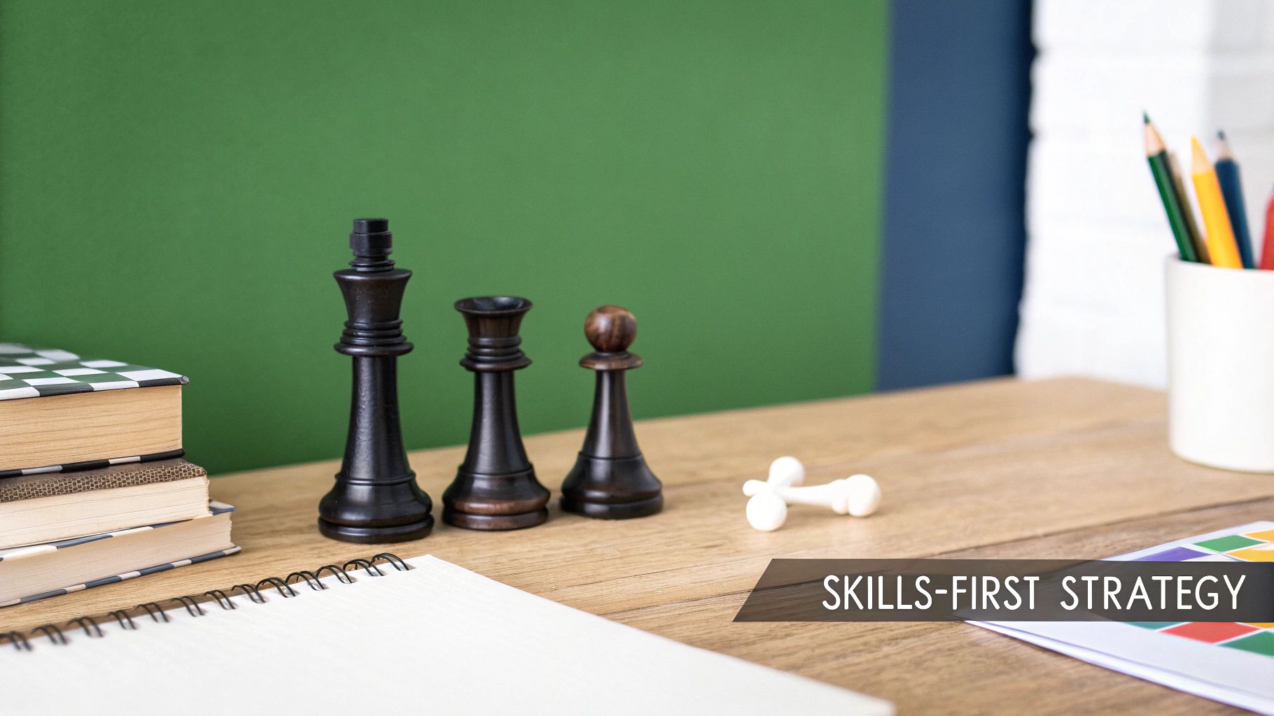 Three pillars of a skills-based strategy with icons for job analysis, work simulation, and structured interviews