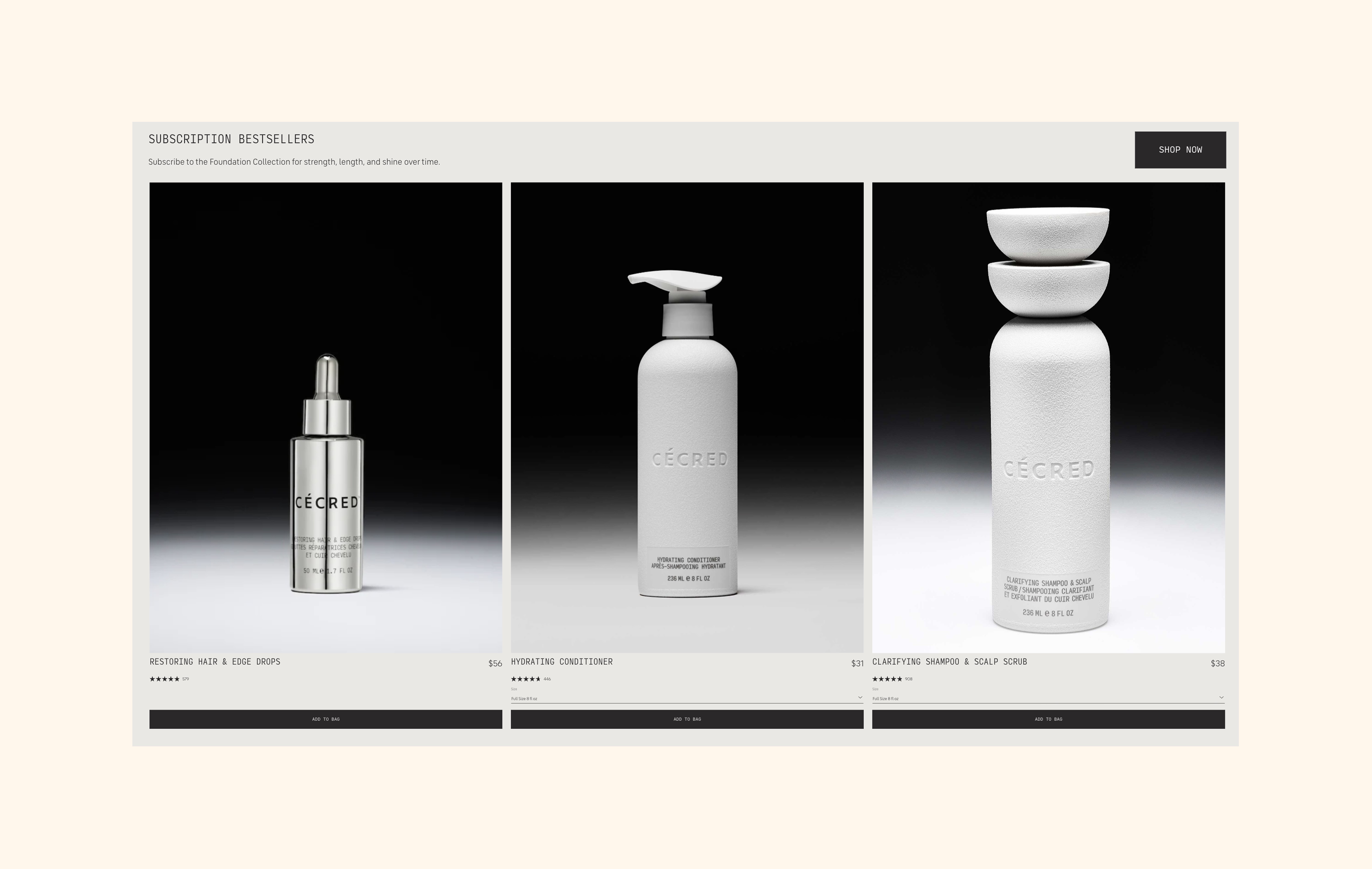 Cécred subscription page listing benefits and most-subscribed products