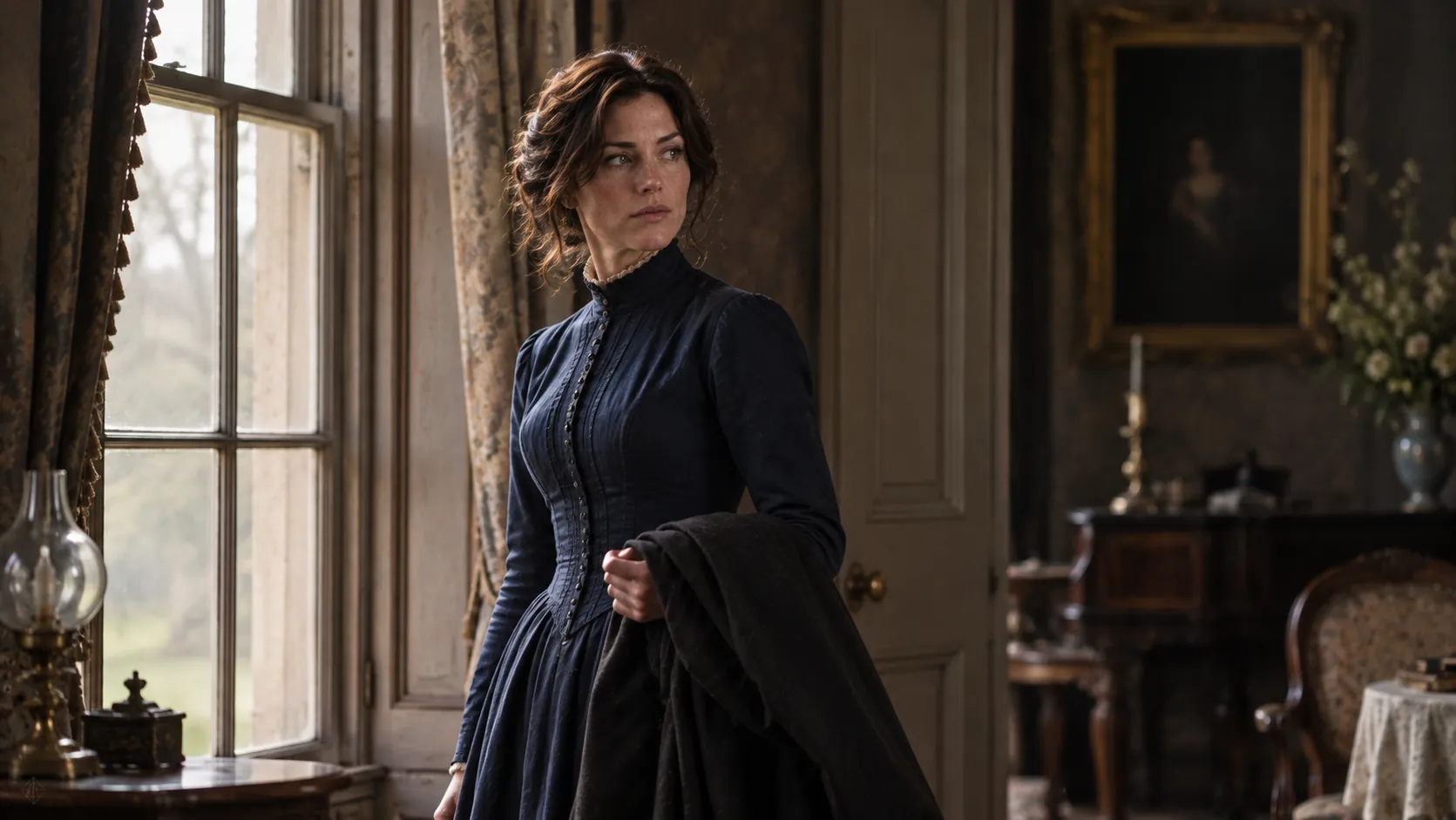 Ada as Nora at a tall window with her coat