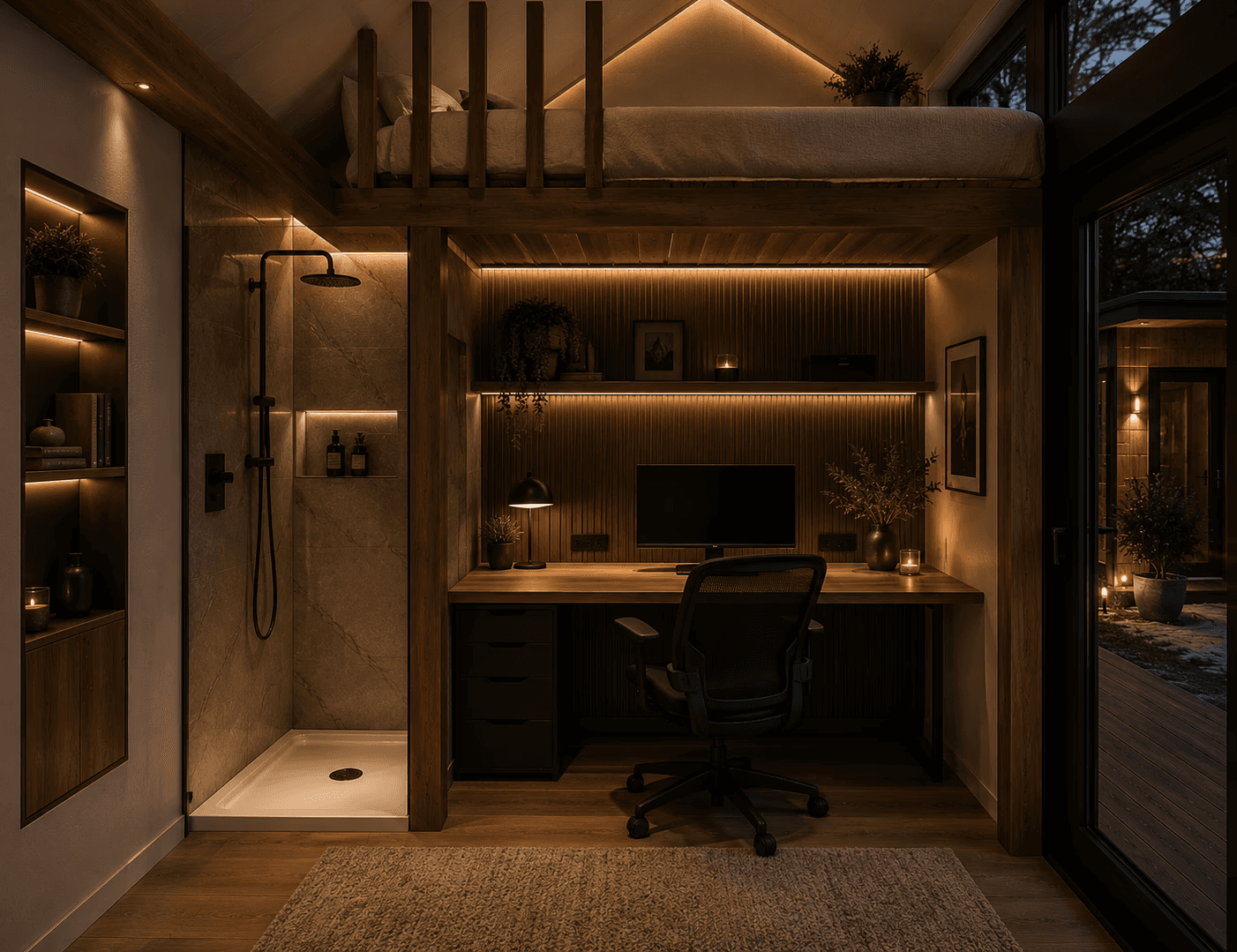 Luxury loft-style backyard suite with built-in workspace, warm ambient lighting, modern wood finishes, and compact multifunctional interior design by UR-SPACE in Calgary.