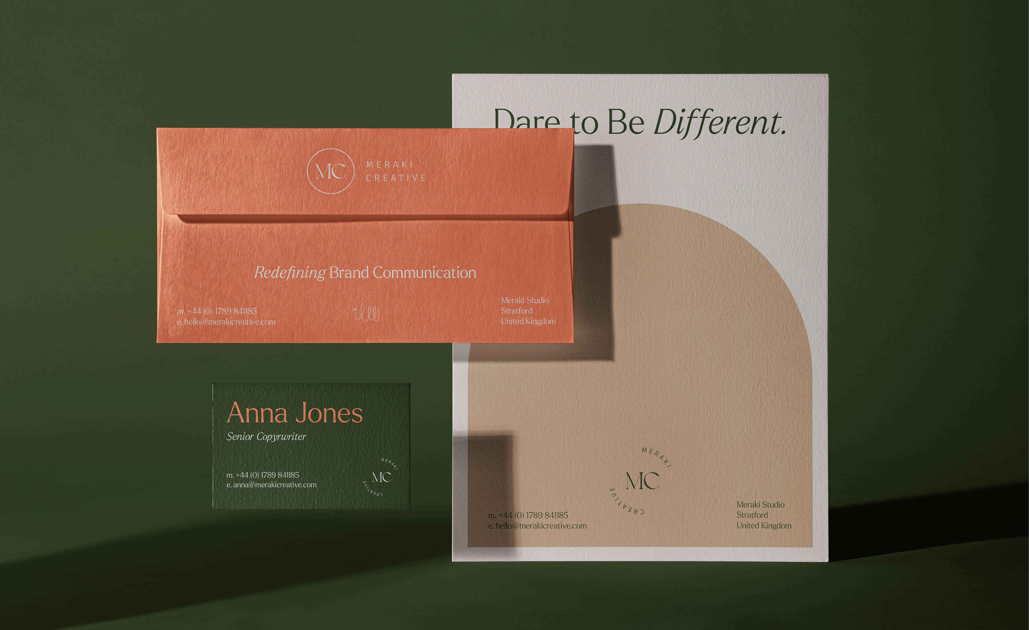 Copywriting agency stationery and identity applications showcasing bold typography, brand storytelling, visual consistency and creative communications design