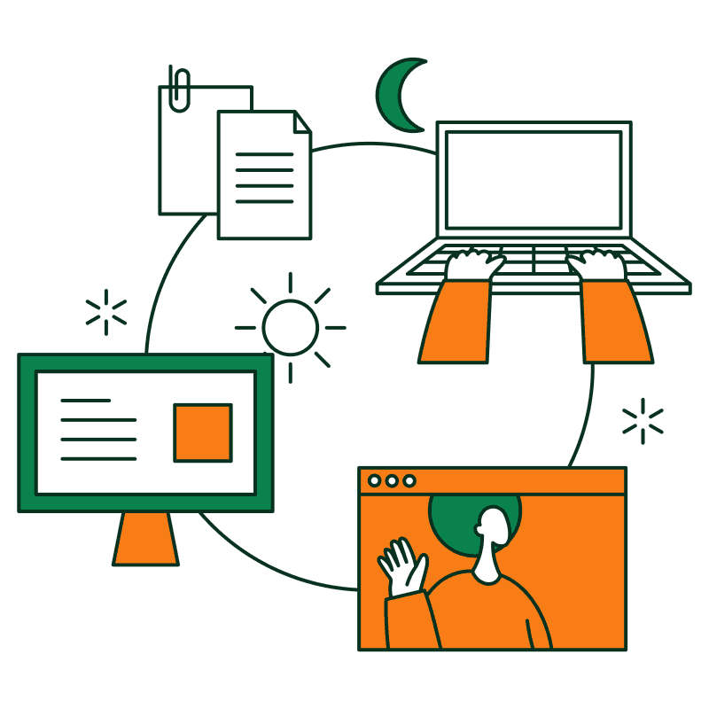 Two people working at desks in a bright, plant-filled office.