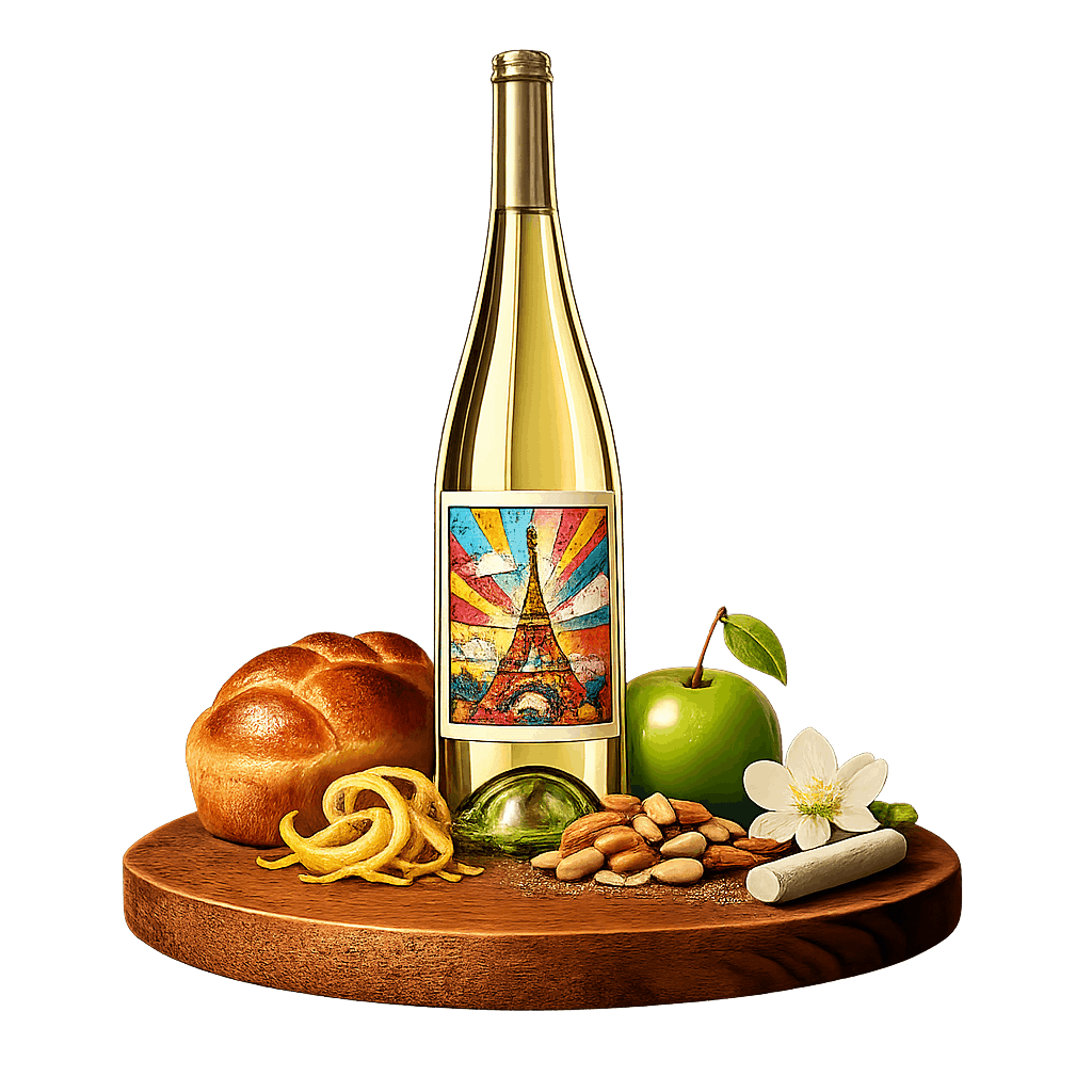 Artistic label and flavor profile for French Champagne on a rustic wooden table.