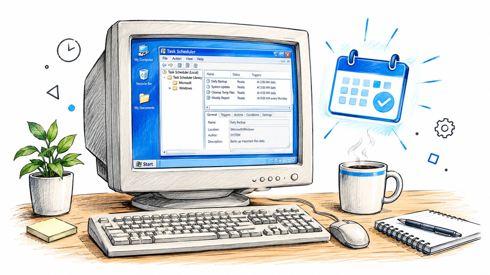 A hand-drawn illustration of a vintage computer monitor displaying task scheduler software on a tidy desk.