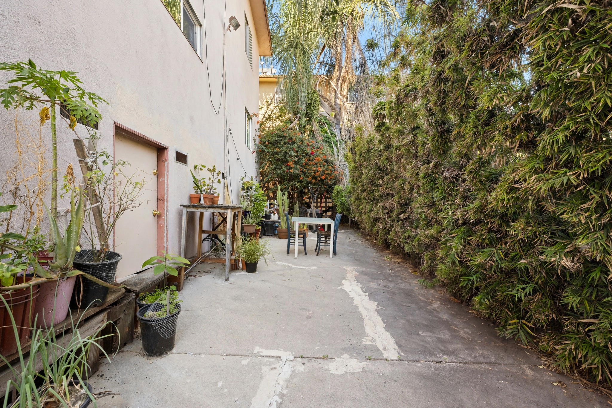 Outdoor walkway with patio seating and lush landscaping along building at 436 Normandie Pl.