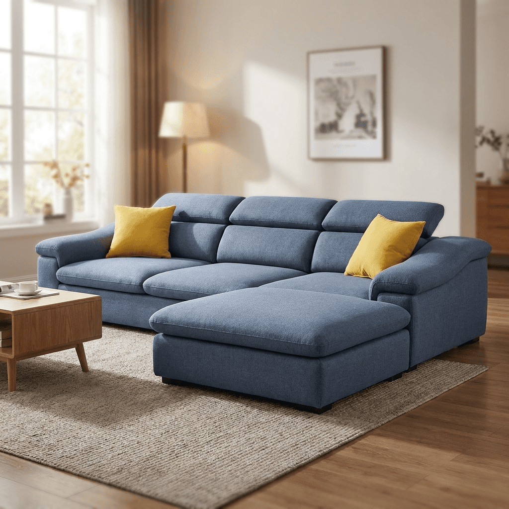 Deep blue curved sofa with generous seating and contemporary lounge appeal
