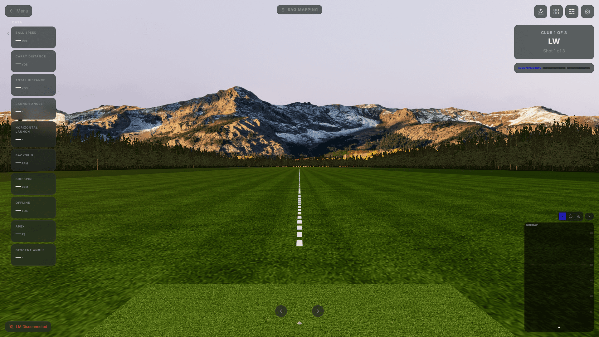 ShotForge bag mapping feature showing distances for every golf club in a simulator environment