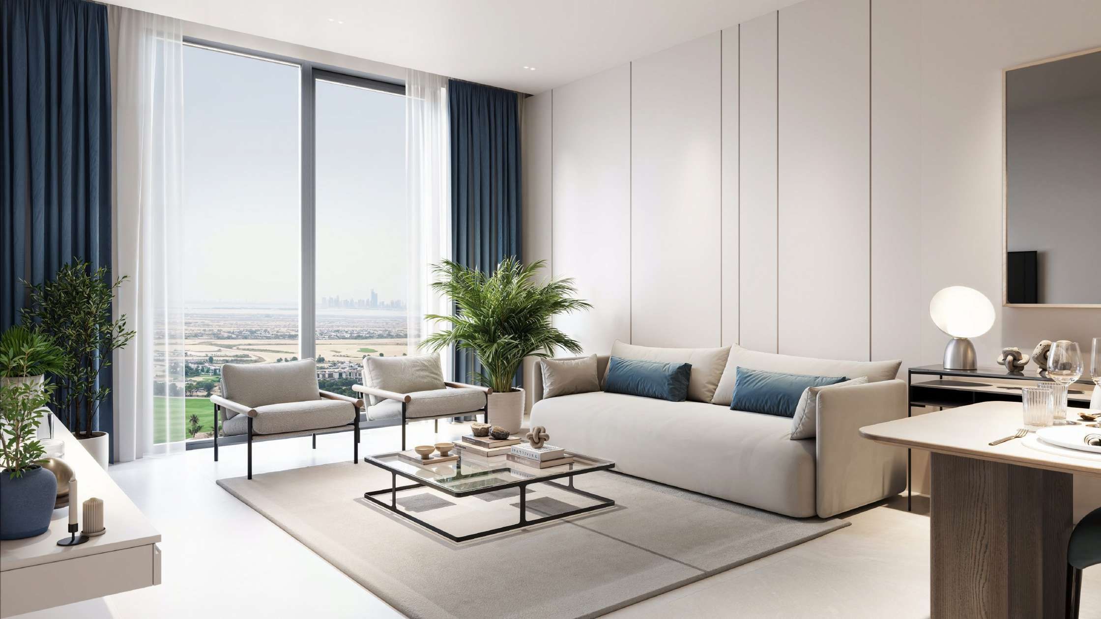 Spacious, sun-drenched living room showcasing high-end finishes and panoramic views.